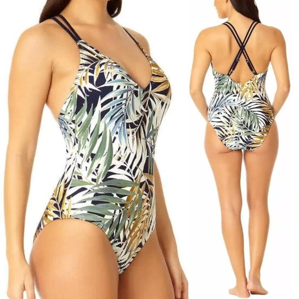 NEW Hurley Women's L One Piece Swimsuit Cayman Palms Tropical Leaf UPF 50+ Comfy